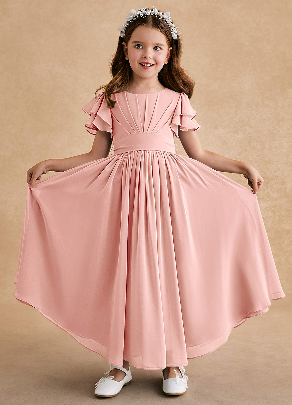 Azazie Ali Flower Girl Dresses Rosette A-Line Pleated Chiffon Dress image1
