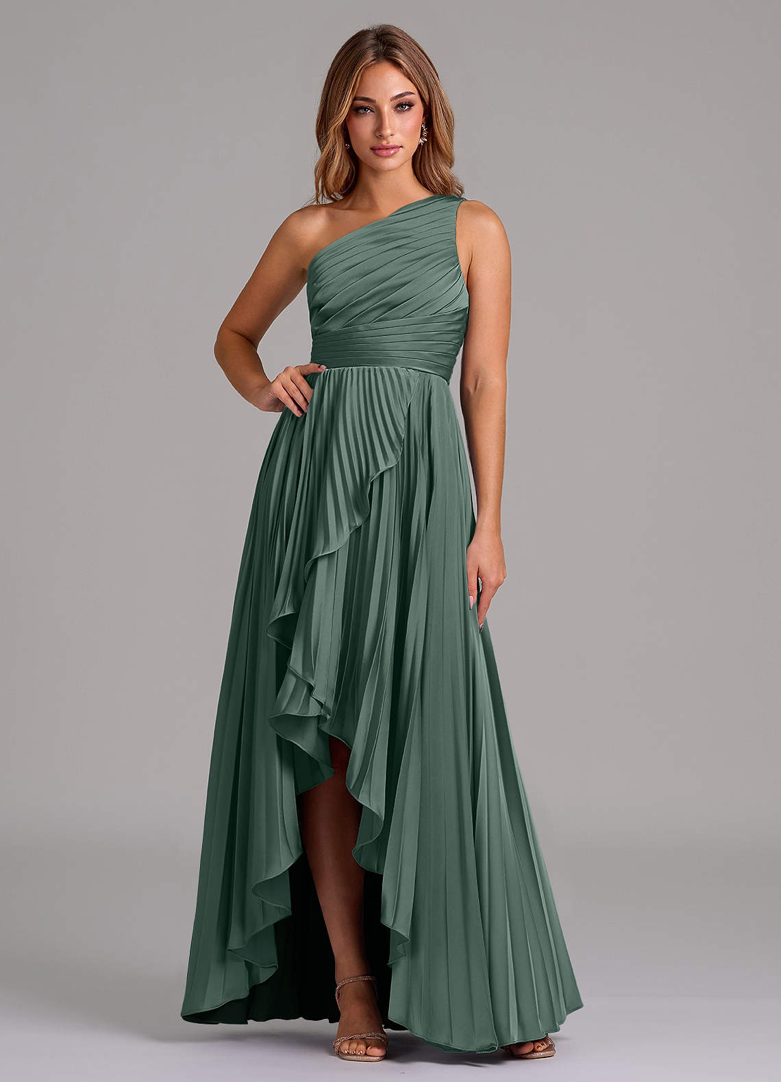 Azazie Lyrica Bridesmaid Dresses Sea Moss A-Line One Shoulder Stretch Satin Dress image1