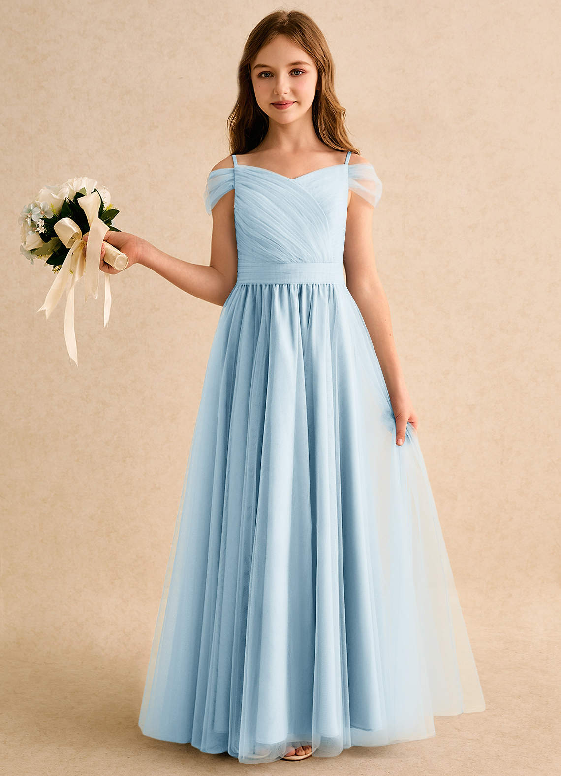 Azazie Yuna Girls Formal Sky Blue A-Line Off the Shoulder Tulle Dress |  Azazie