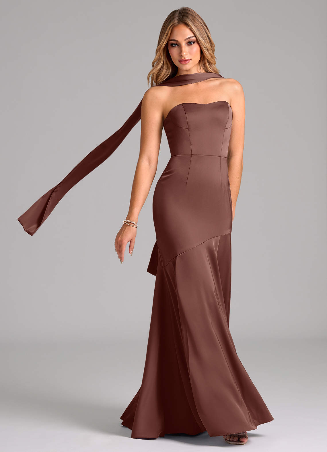 Azazie Shiloh Bridesmaid Dresses Espresso Mermaid Strapless Stretch Satin Convertible Dress image1