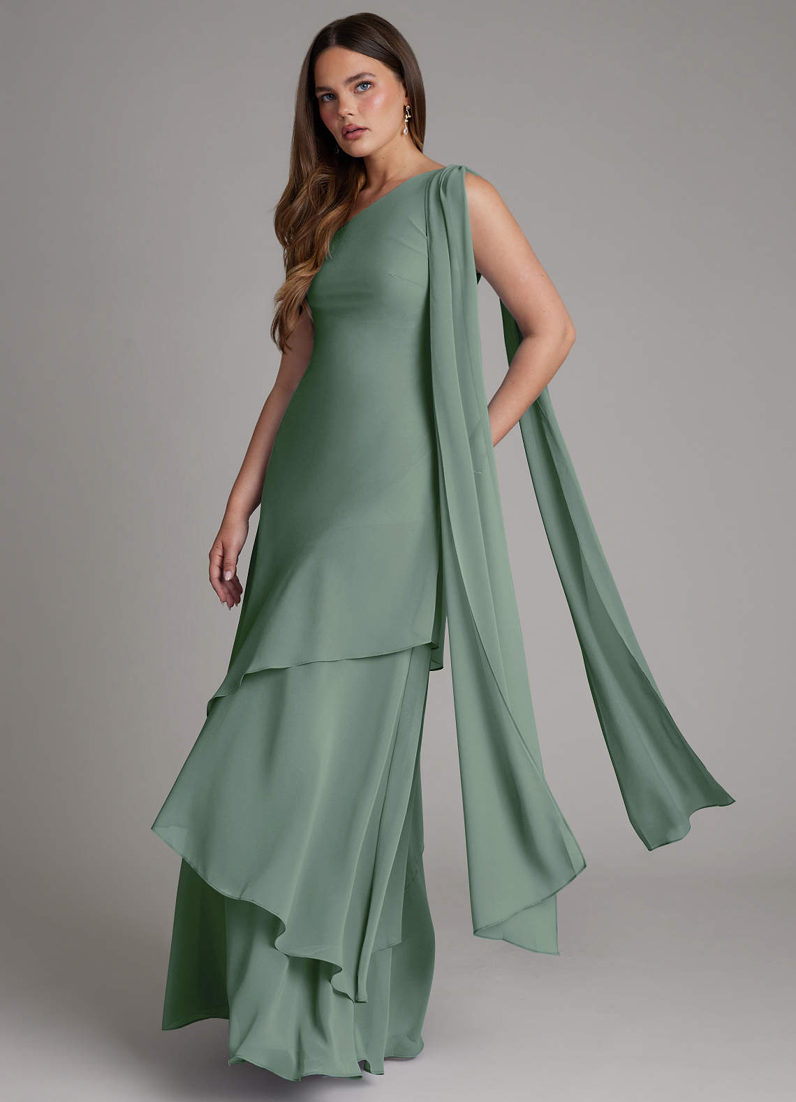 Azazie Monique At-home Try On Dresses Eucalyptus A-Line One Shoulder Chiffon Dress image3