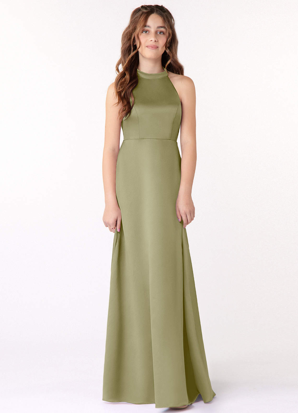Azazie Laurel Junior Robe Trapèze en Mat Satiné Vert Mousse image1