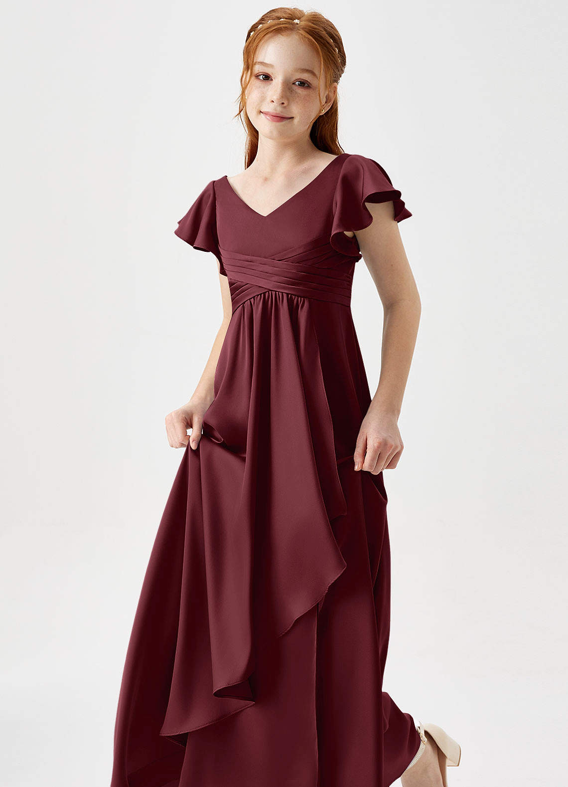 Azazie Omari Junior Cabernet A-Line Pleated Stretch Satin Dress image5