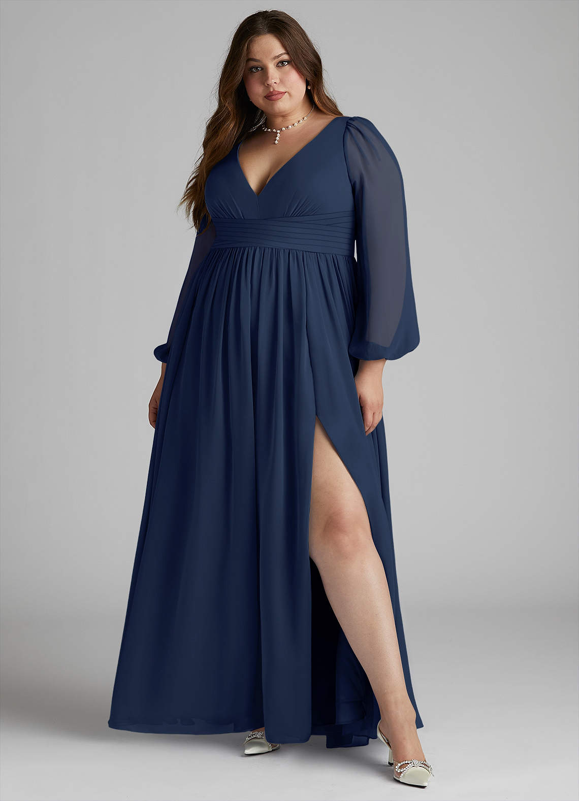 Azazie Norah Bridesmaid Dresses Dark Navy A-Line V-Neck Long Sleeve Chiffon Dress image5