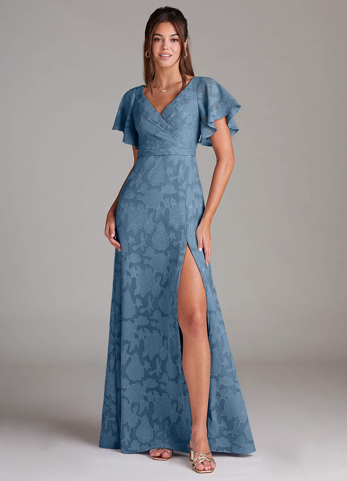 Azazie Ambrosia Bridesmaid Dresses Steel Blue A-Line Pleated Floral Burnout Dress image1