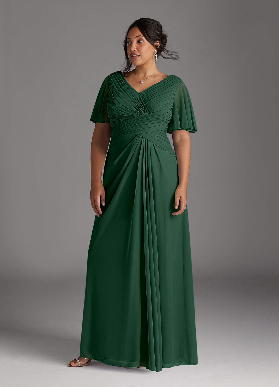 Azazie Emmeline Mother of the Bride Dresses Dark Green A-Line V-Neck Pleated Mesh Dress image6