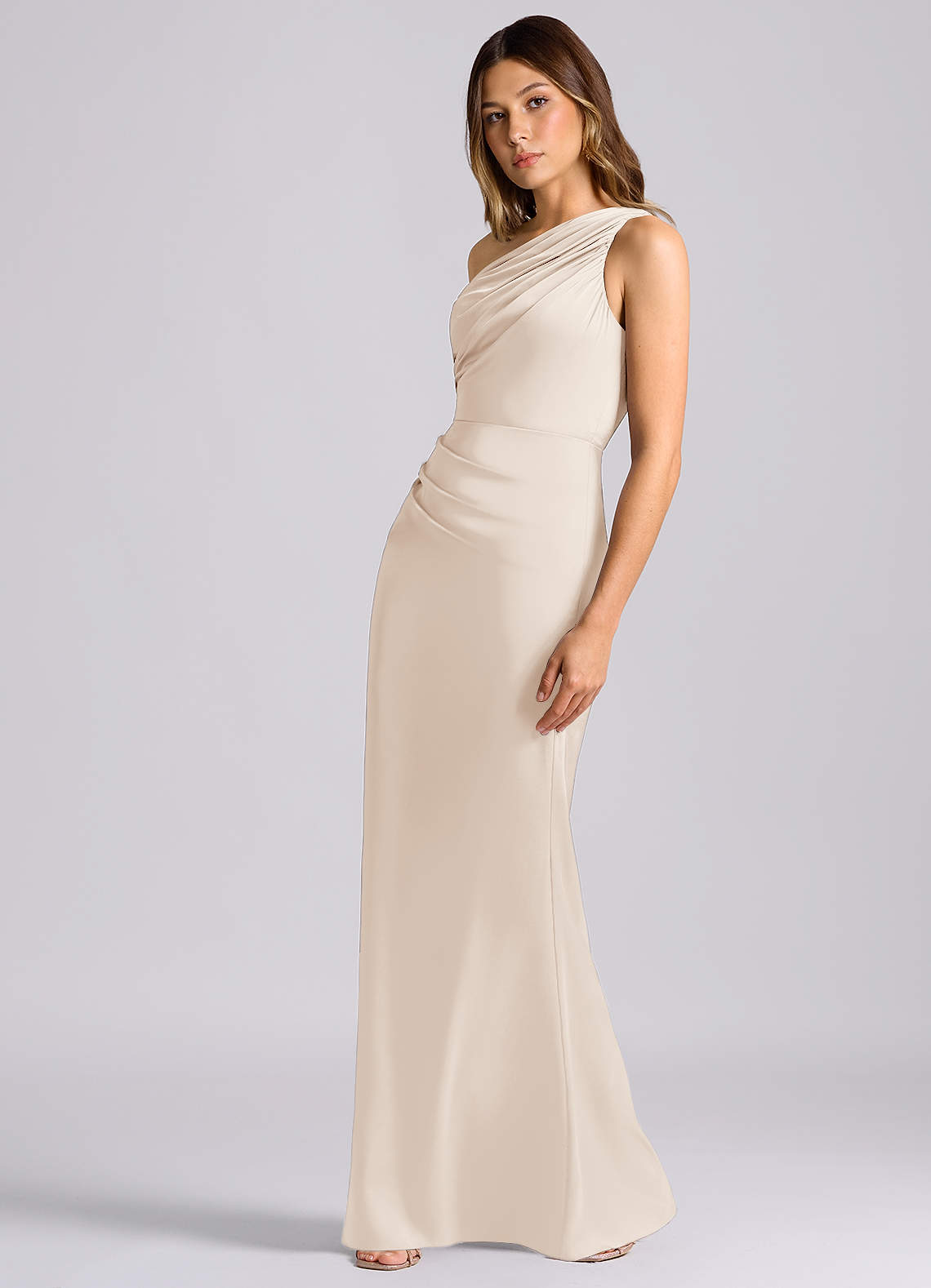 Azazie Akilah Brudtärnklänningar Klä av Sjöjungfru i Stretch Satin Ena axeln Vit Alabaster image4