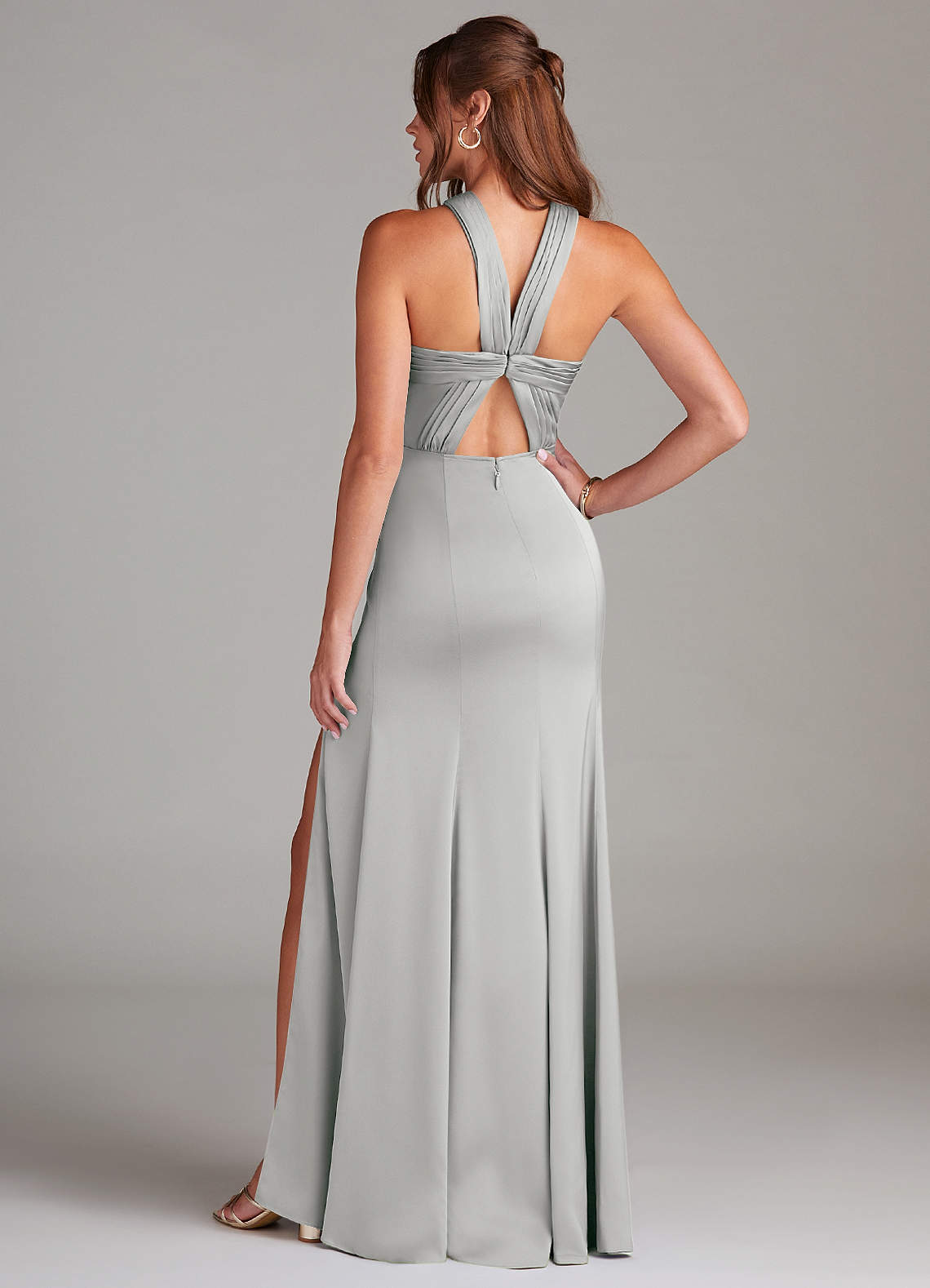 Azazie Rue Vestidos de madrinha de casamento Vestido Prata de Cetim elástico de sereia com Plissado image6