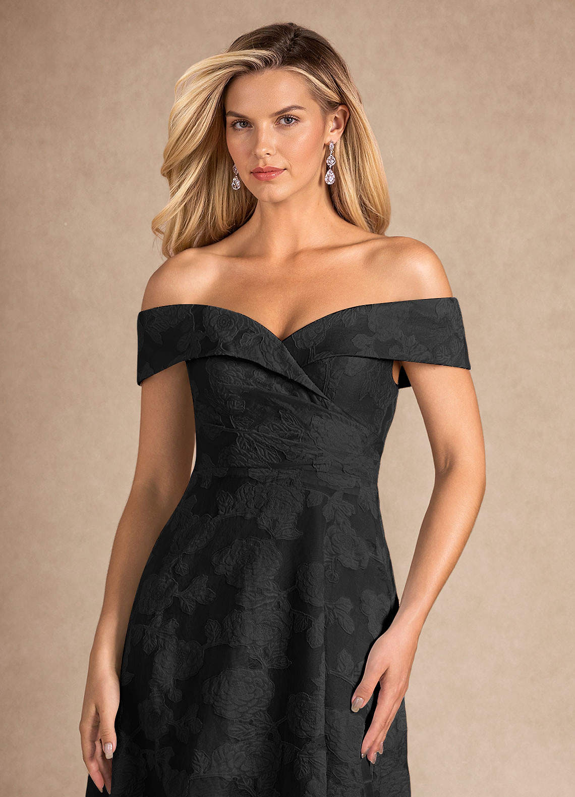 Azazie New London Black Jacquard A-Line Pleated Floral Burnout