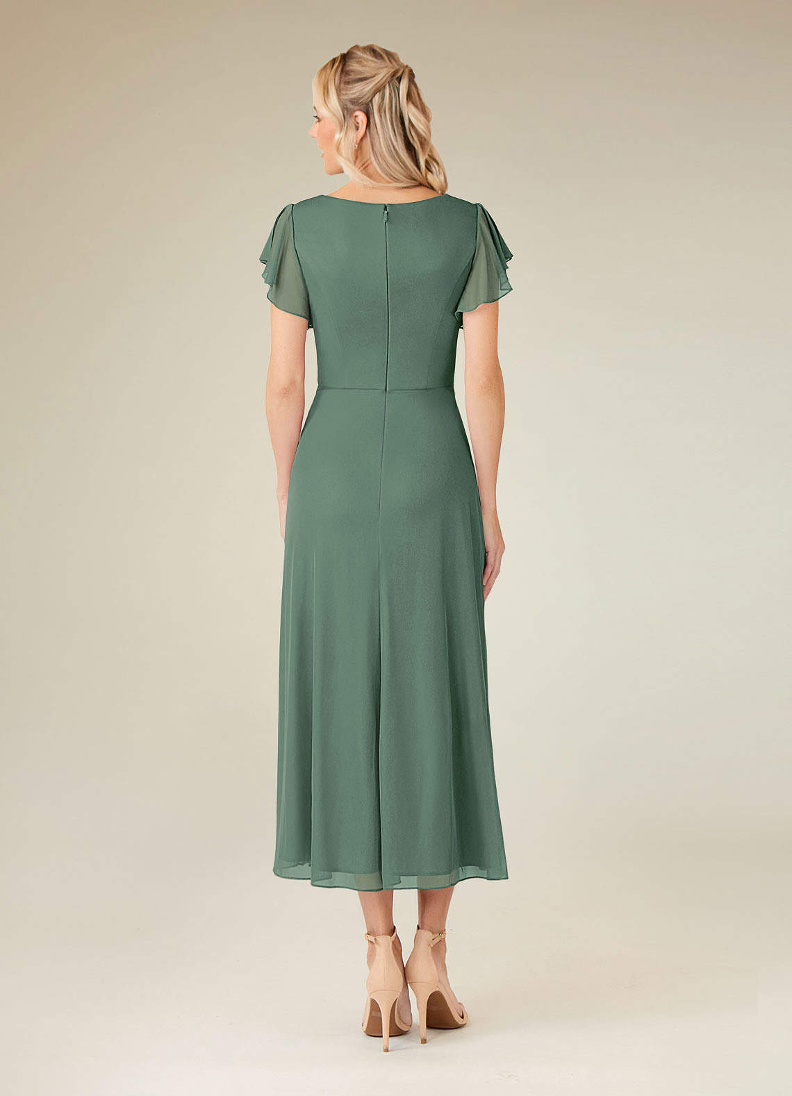 Azazie Vera Mother of the Bride Dresses Eucalyptus A-Line V-Neck Pleated Mesh Dress image3