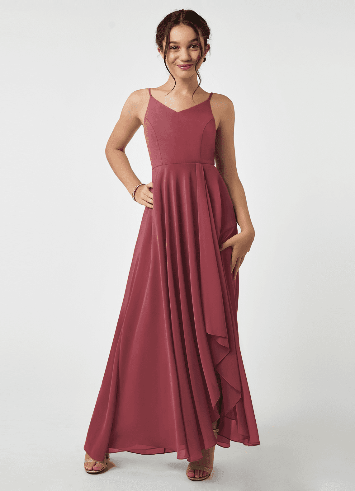 Azazie Collette Junior Merlot A-Line Ruched Chiffon Dress image1