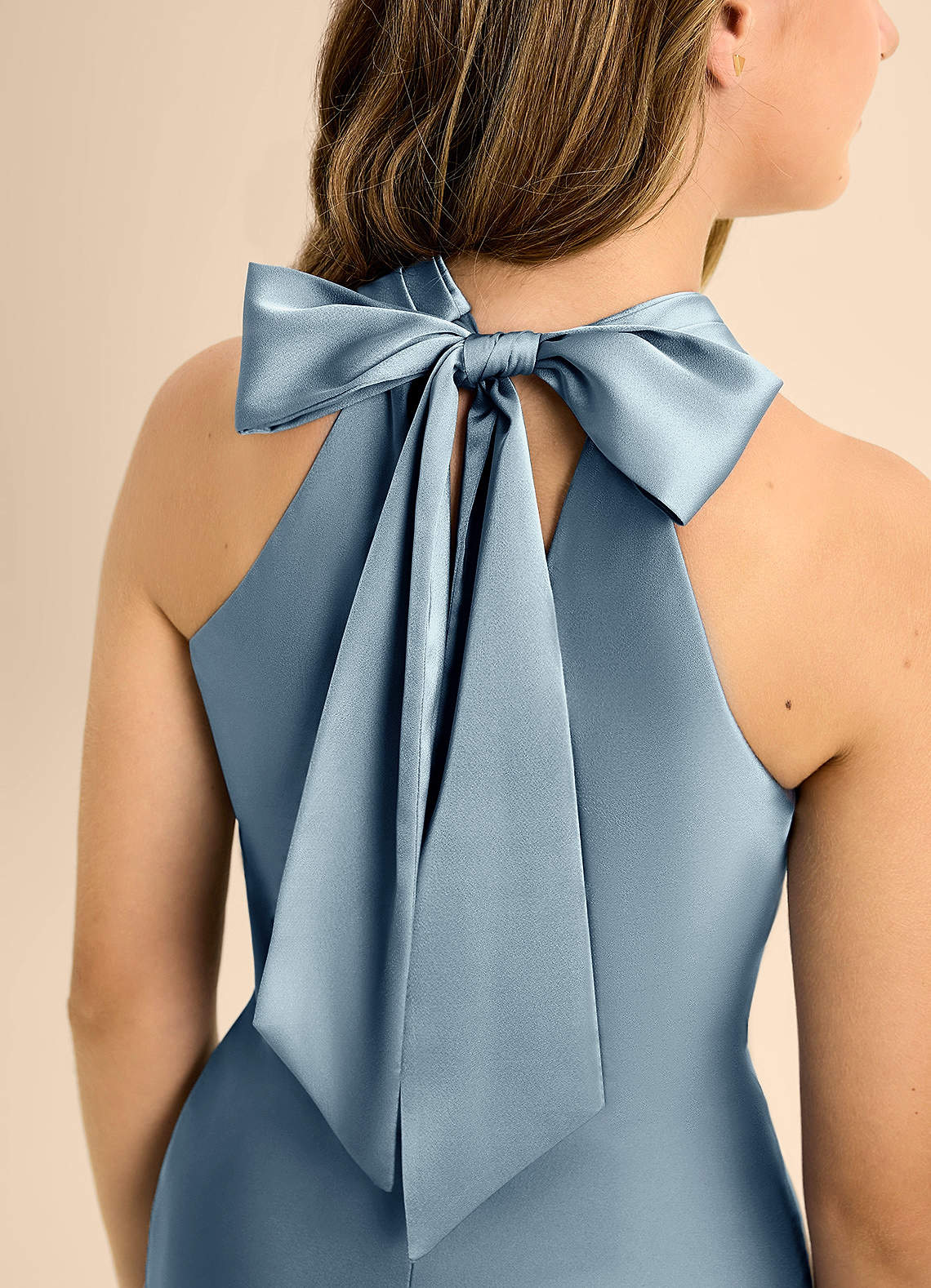 Azazie Doretta Junior Dusty Blue A-Line Pleated Stretch Satin Dress image7