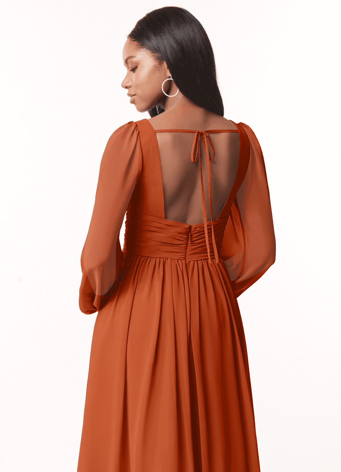 Azazie Norah Bridesmaid Dresses Burnt Orange A-Line V-Neck Long Sleeve Chiffon Dress image2