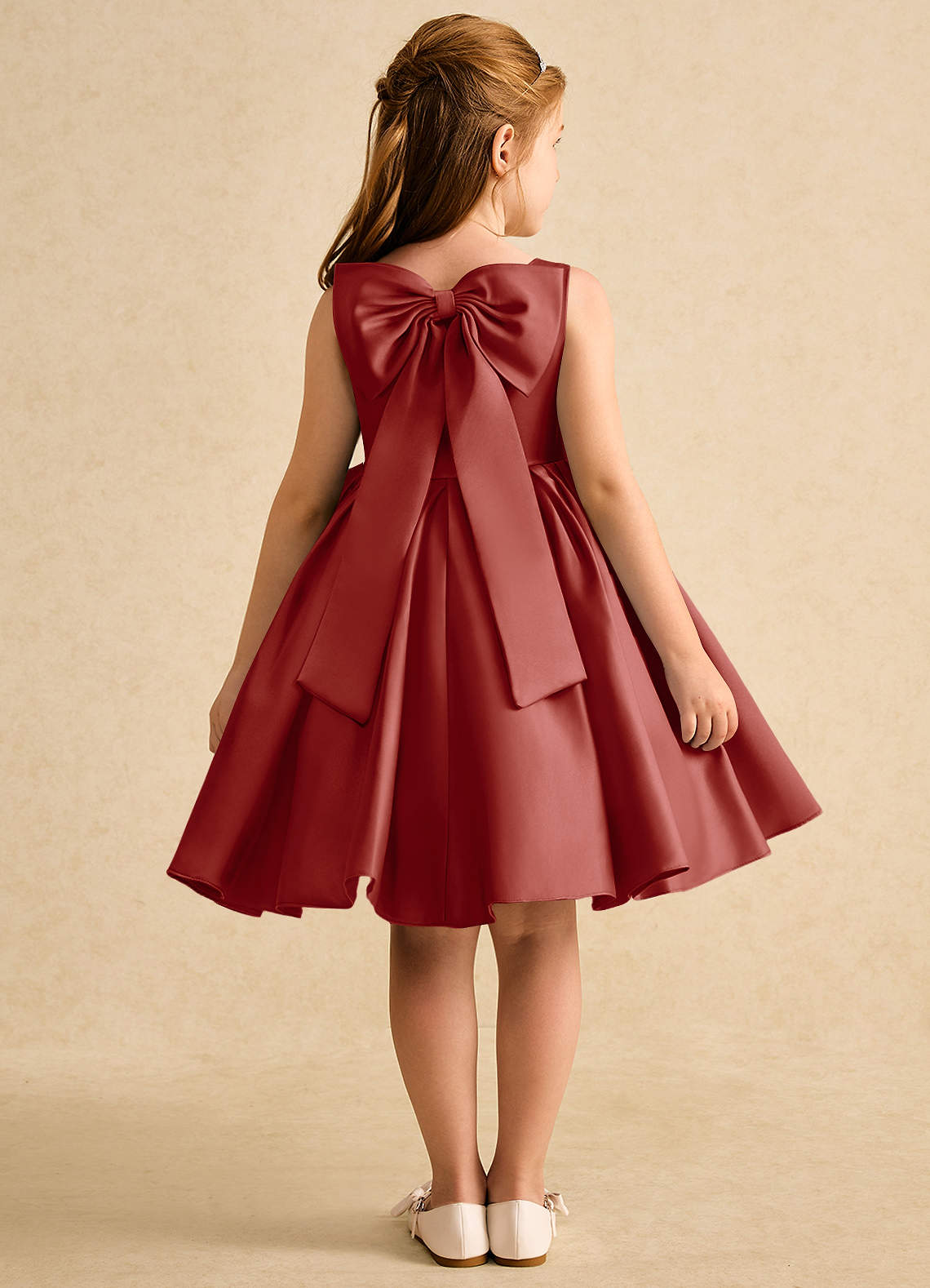 Azazie Jessie vestidos de niña de las flores Vestido de Terracota de Satin Mate de Corte En A con Lazo image1