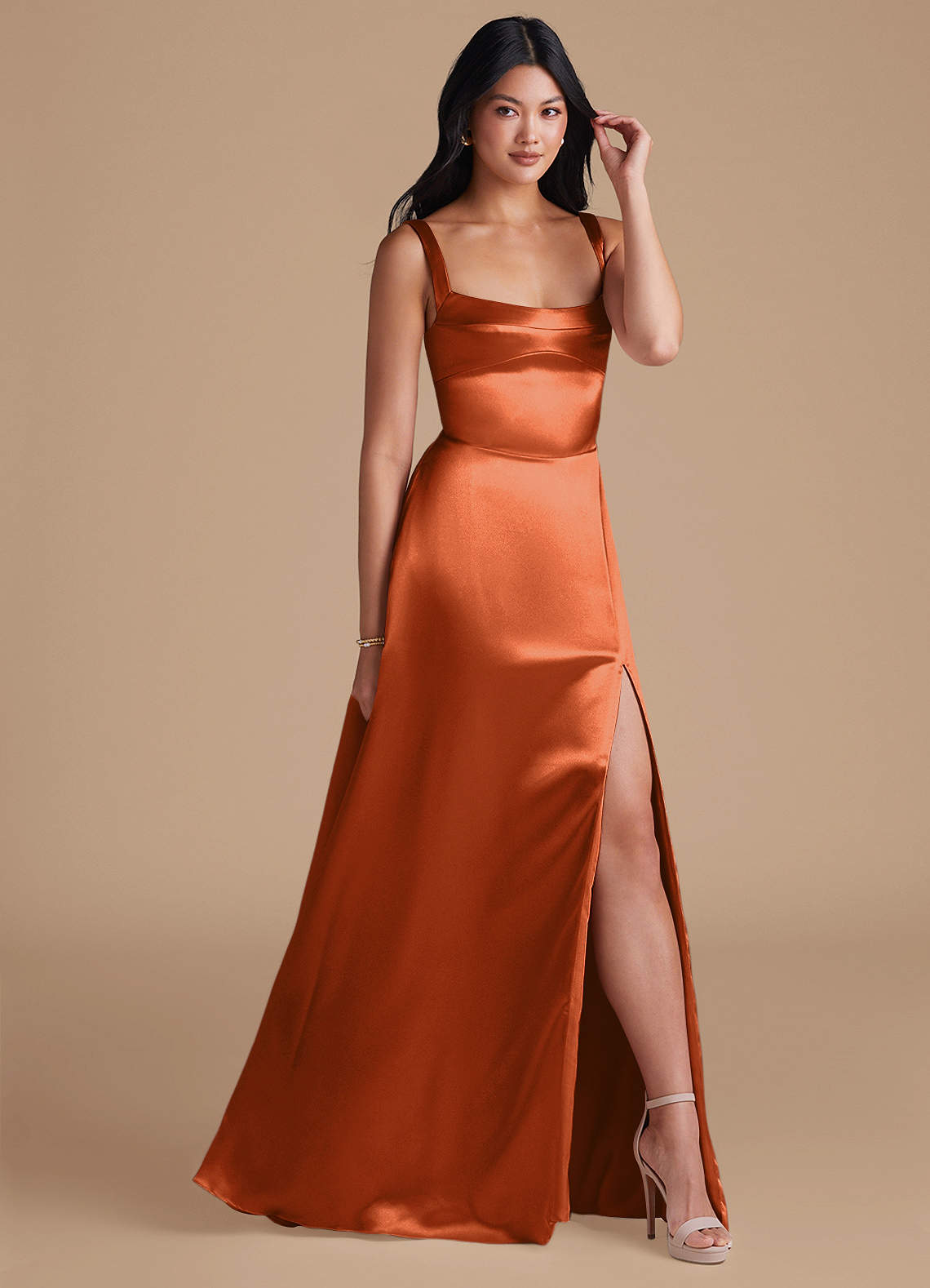 Azazie Hope Bridesmaid Dresses Burnt Orange A-Line with Pockets Metallic Satin Dress image1