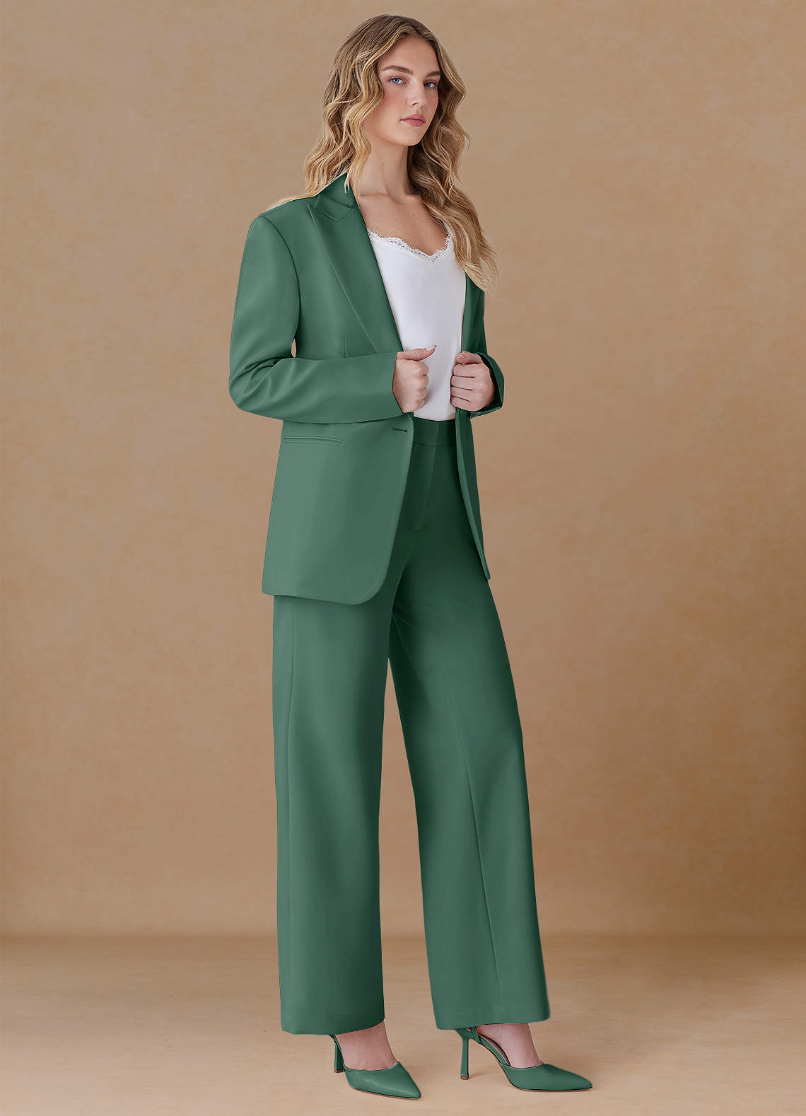 front Amelia Eucalyptus Refined Weave Performance Oversized Blazer