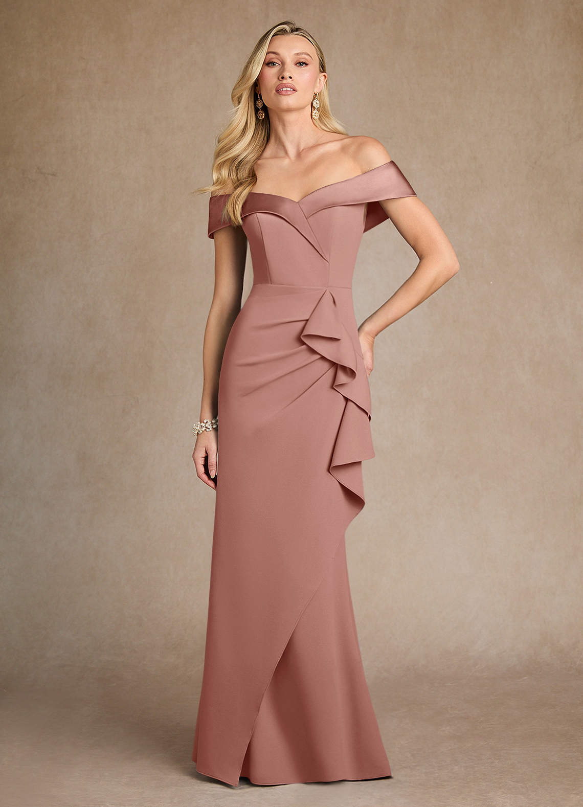 Azazie Laredo Mother of the Bride Dresses Dusty Rose Mermaid Off the Shoulder Stretch Crepe Dress image3