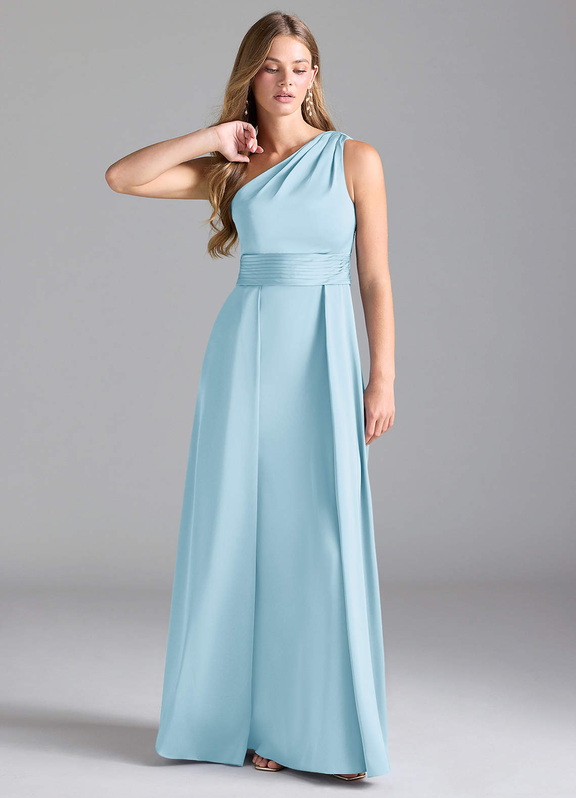 Azazie Dallas Vestidos de damas de honor Vestido de Azul Cielo de Satén Elástico de Corte en A con Hombro unilateral image1