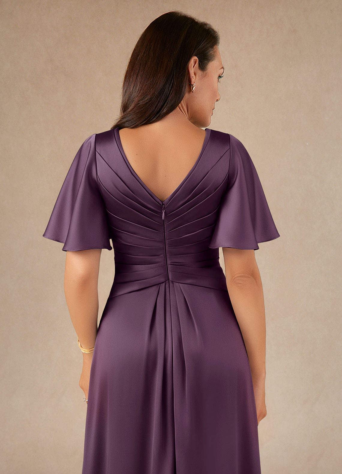 Azazie Emmeline Mother of the Bride Dresses Plum A-Line Pleated Stretch Satin Dress image3