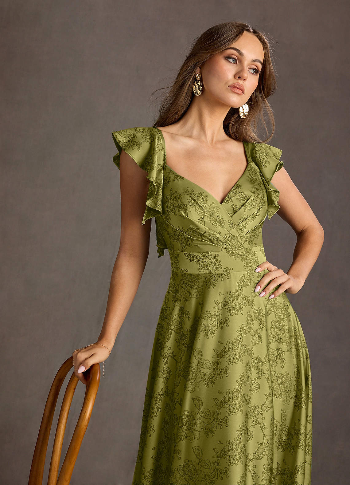 Azazie Plus Size Floor-Length Maxi Dresses A-Line Wedding Guest Formal Dresses V Neck Ruffles Moss Navy