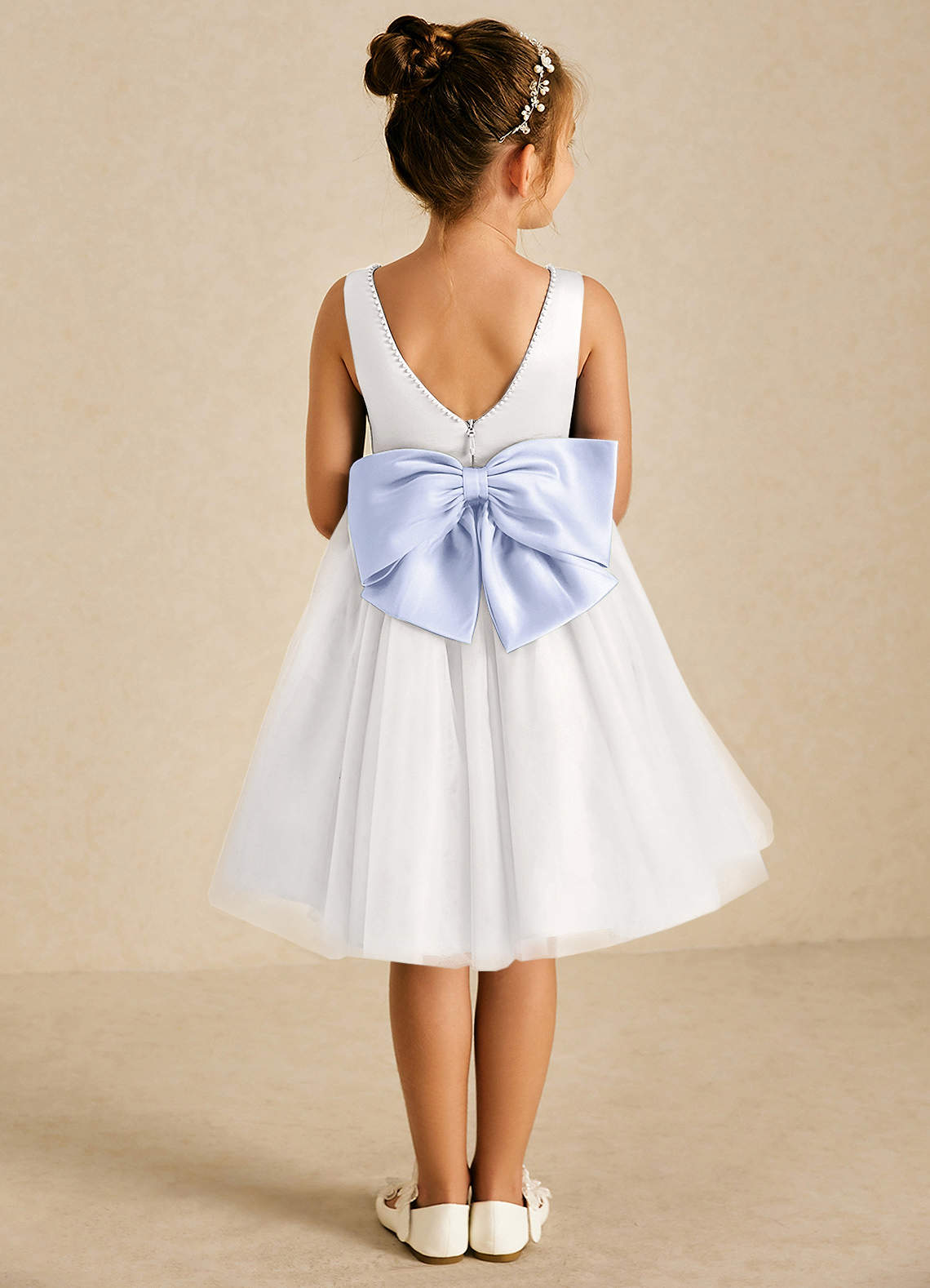 Azazie Seline Flower Girl Dresses Ivory Lavender A-Line Bow Tulle Dress image1