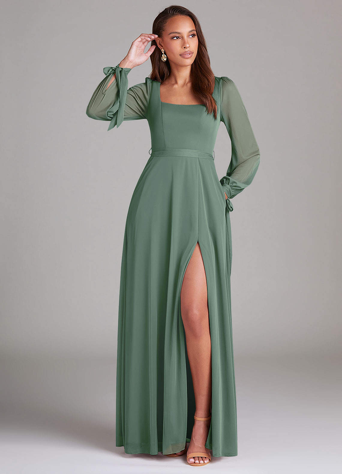 Azazie Leonia Bridesmaid Dresses Eucalyptus A-Line Long Sleeve Mesh Dress image1