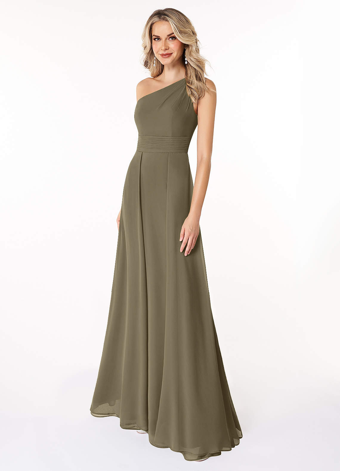 Azazie Dallas Vestidos de damas de honor Vestido de Verde Sauce de Gasa de Corte en A con Hombro unilateral image1