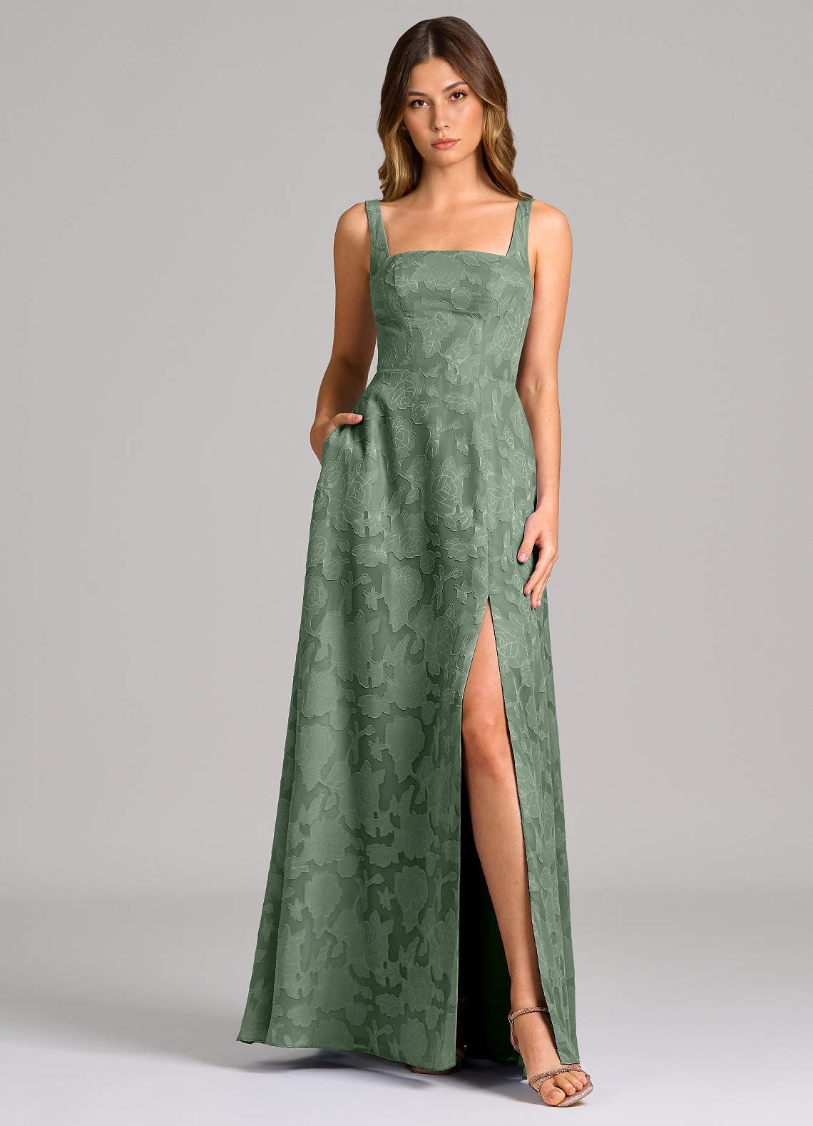 Azazie Debra Bridesmaid Dresses Matcha A-Line with Pockets Floral Burnout Dress image4