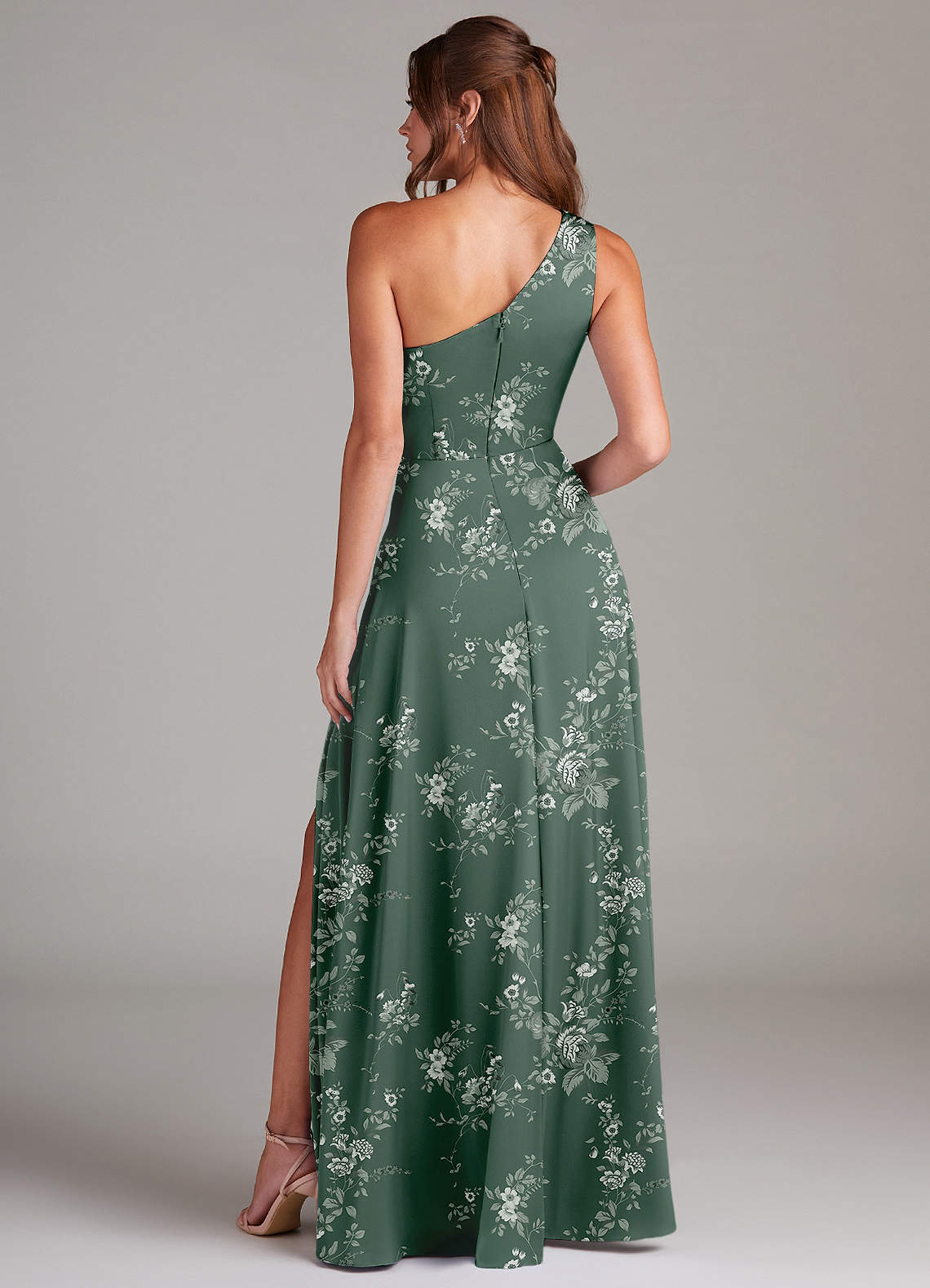 Azazie Brooke Robes de demoiselle d'honneur Robe Trapèze en Satin extensible Une épaule Jardin Floral D'eucalyptus image7