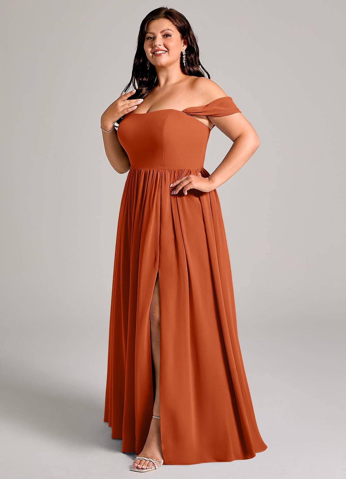 Azazie Calianna Bridesmaid Dresses Burnt Orange A-Line Off the Shoulder Chiffon Convertible Dress image1