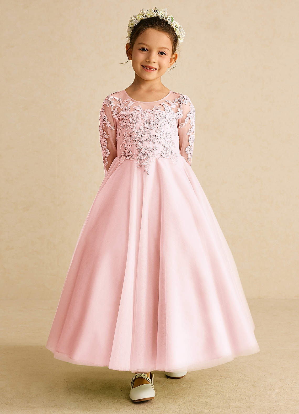 Azazie Precious Flower Girl Dresses Blushing Pink A-Line Lace Tulle Dress image3