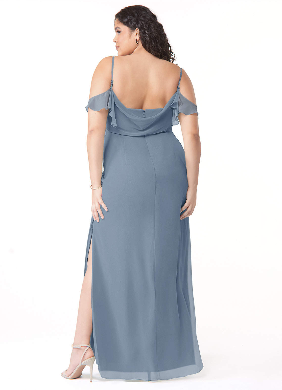 Azazie Emeralda Bridesmaid Dresses Dusty Blue Sheath Off the Shoulder Chiffon Dress image7