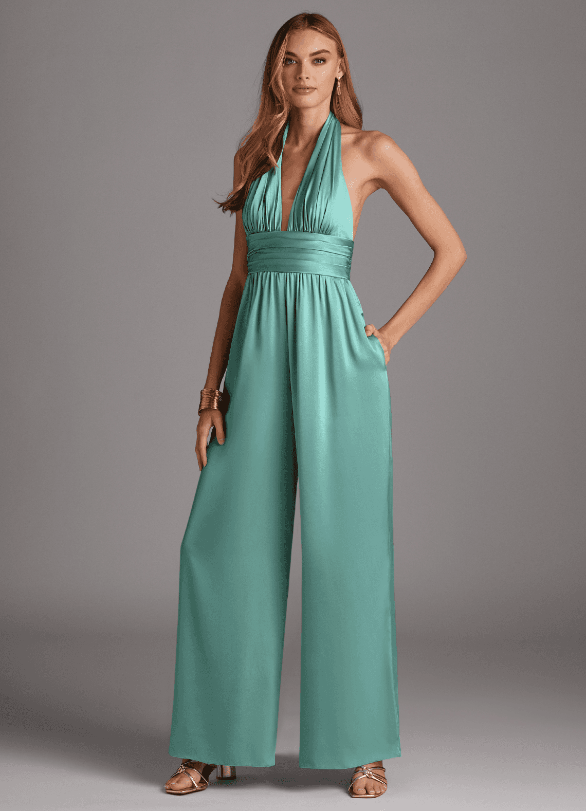 Azazie Oli Vestidos de damas de honor Aqua de Satén Elástico de Mono con Plisado image1