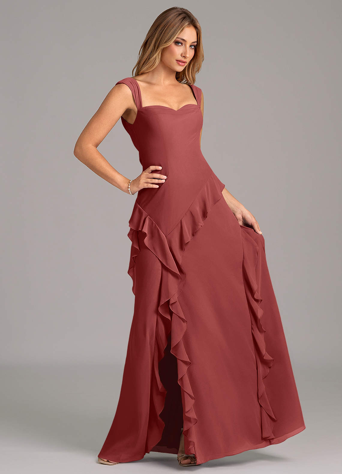 Azazie Sloane At-home Try On Dresses Terracotta A-Line Sweetheart Neckline Chiffon Dress image2