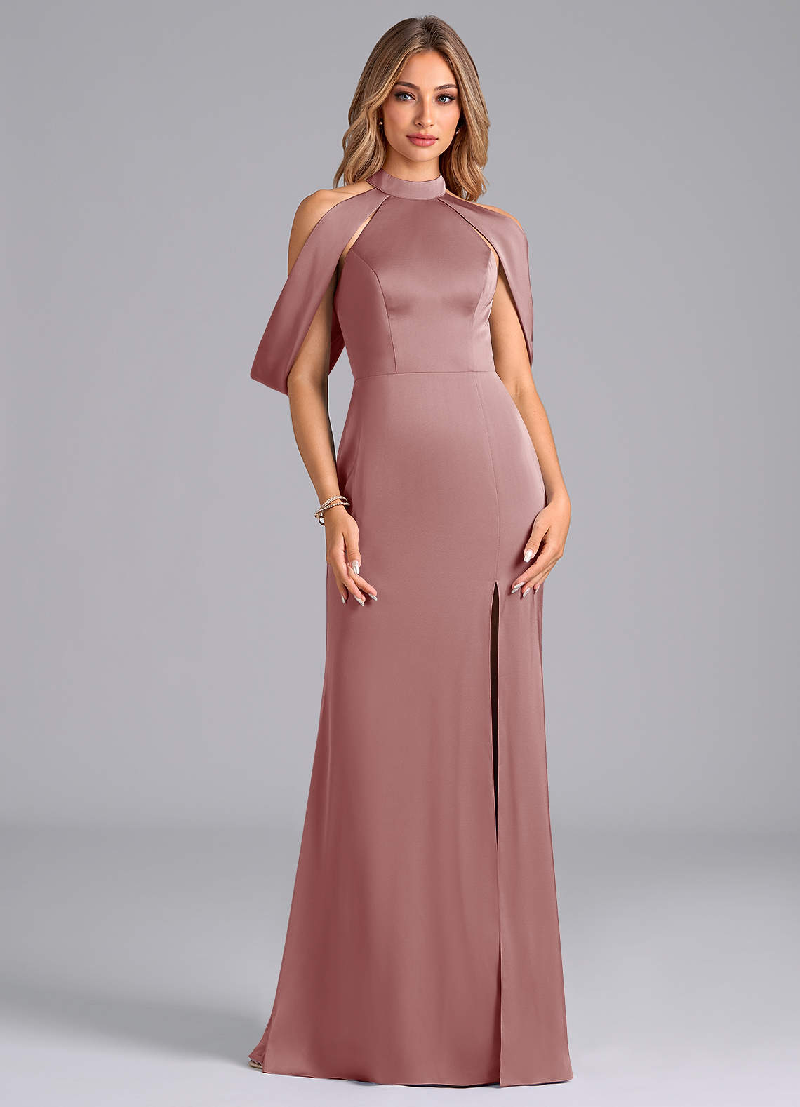 Azazie Bonny Bridesmaid Dresses Dusty Rose Mermaid Off the Shoulder Stretch Satin Dress image1