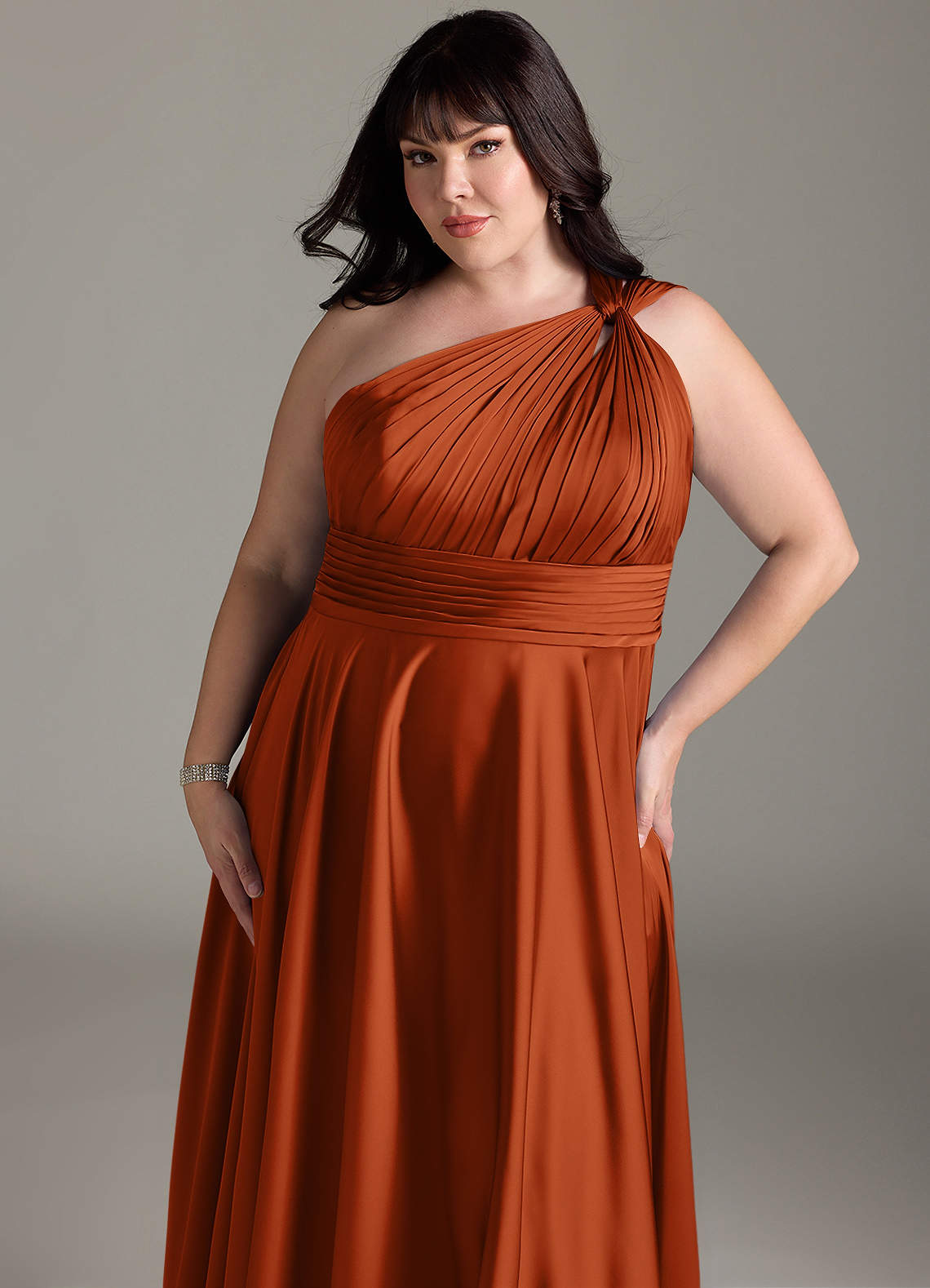 Azazie Charlize Bridesmaid Dresses Burnt Orange A-Line One Shoulder Stretch Satin Dress image13