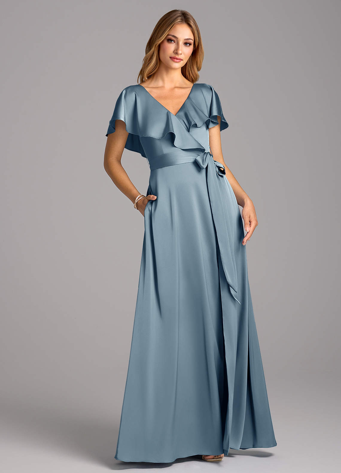 Azazie Lainey Bridesmaid Dresses Dusty Blue A-Line with Pockets Stretch Satin Dress image1
