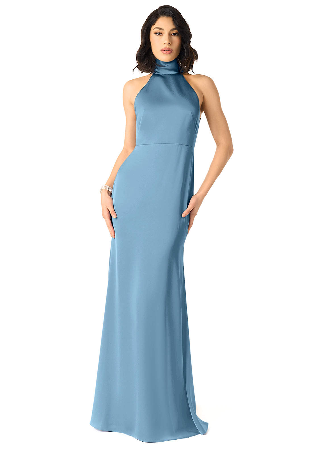 Azazie x Delaney Bridesmaid Dresses Steel Blue Sheath High Neck Stretch Satin Dress image1