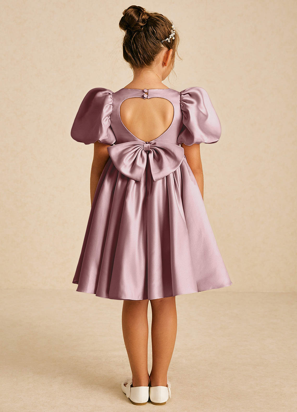 Azazie Muffin Flower Girl Dresses Dusty Rose A-Line with Sleeves Matte Satin Dress image1