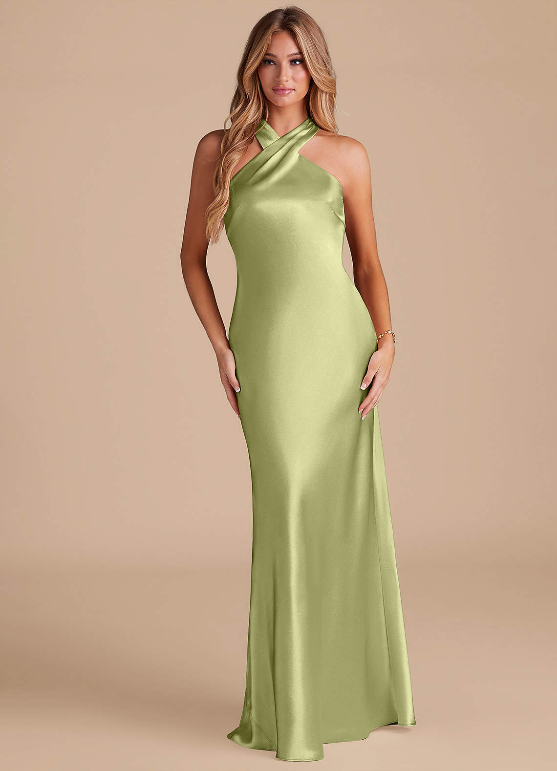 Azazie Doretta Brautjungfernkleider Meerjungfrau-Linie Schleifen Metallischer Satin Kleid Pistazie image1