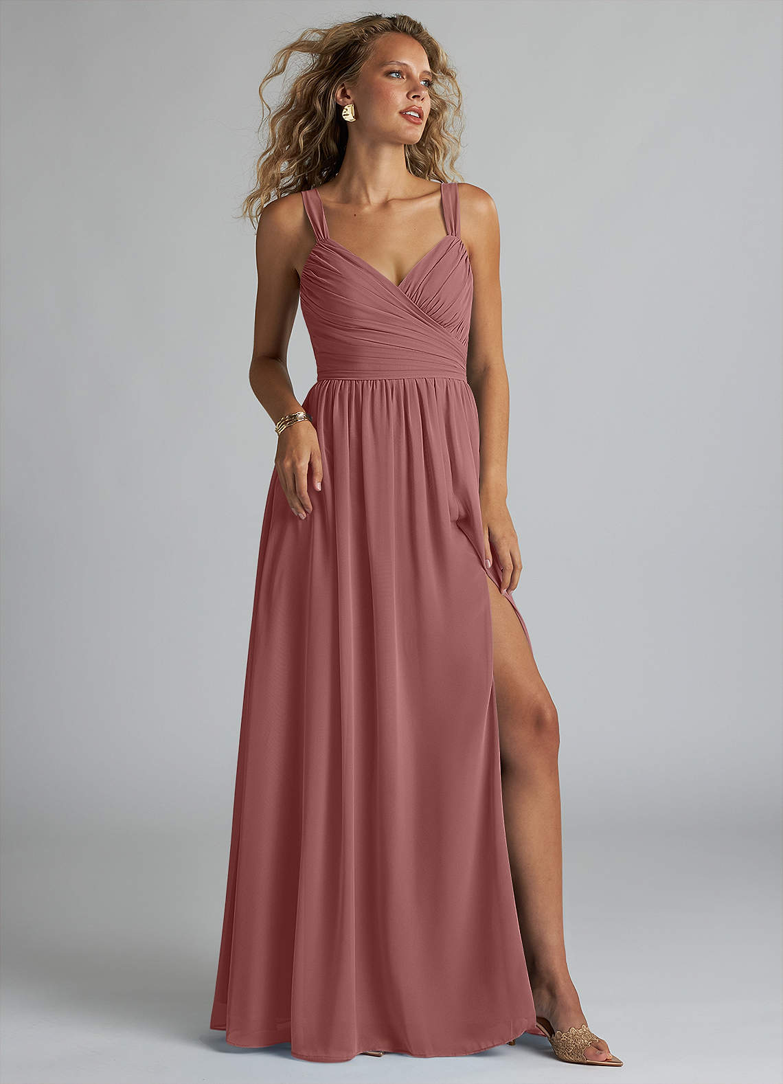 Azazie Aziza Bridesmaid Dresses Desert Rose A-Line V-Neck Pleated Chiffon Dress image1