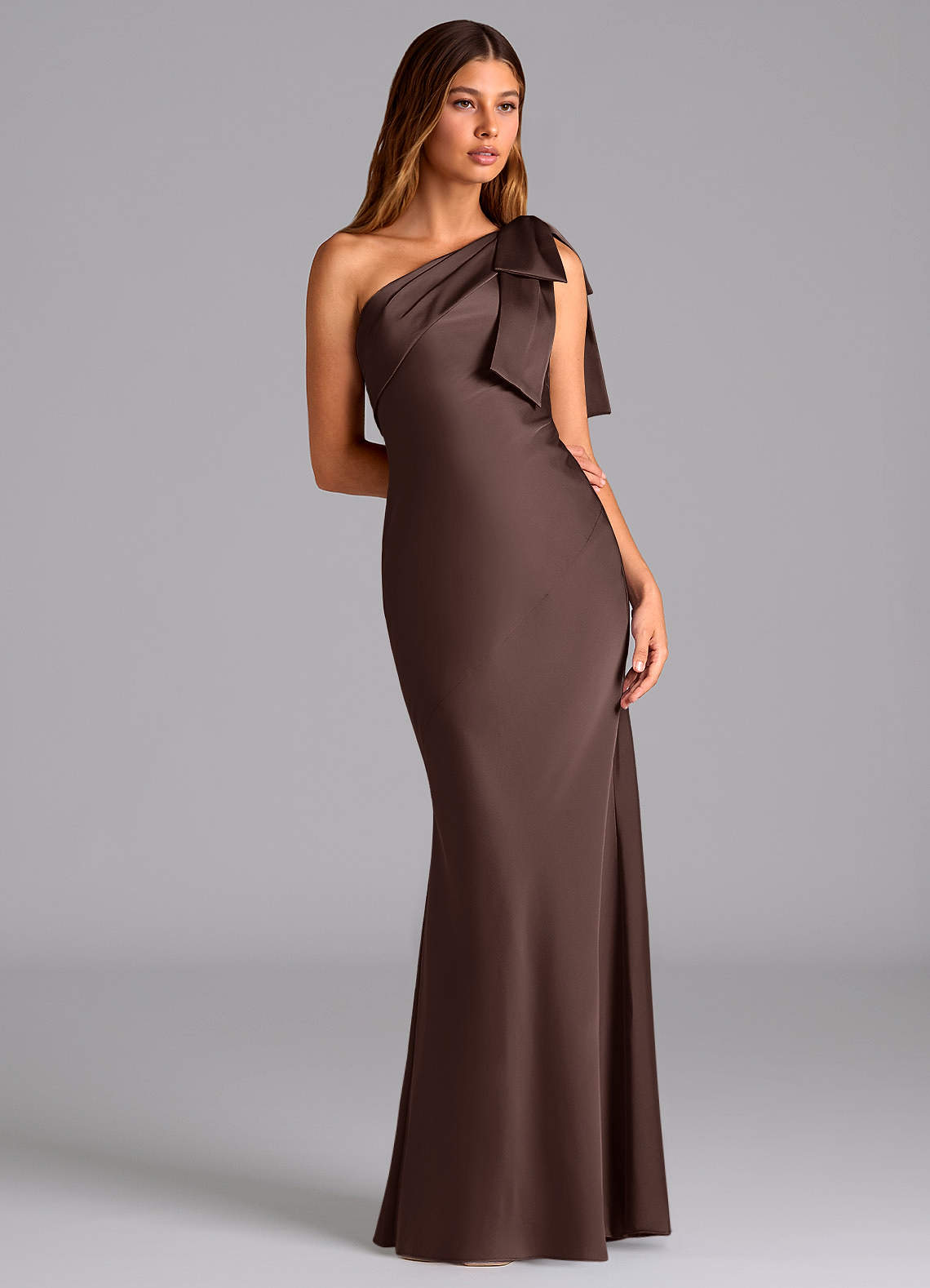 Azazie Yuanna Bridesmaid Dresses Ganache Mermaid One Shoulder Stretch Satin Dress image4
