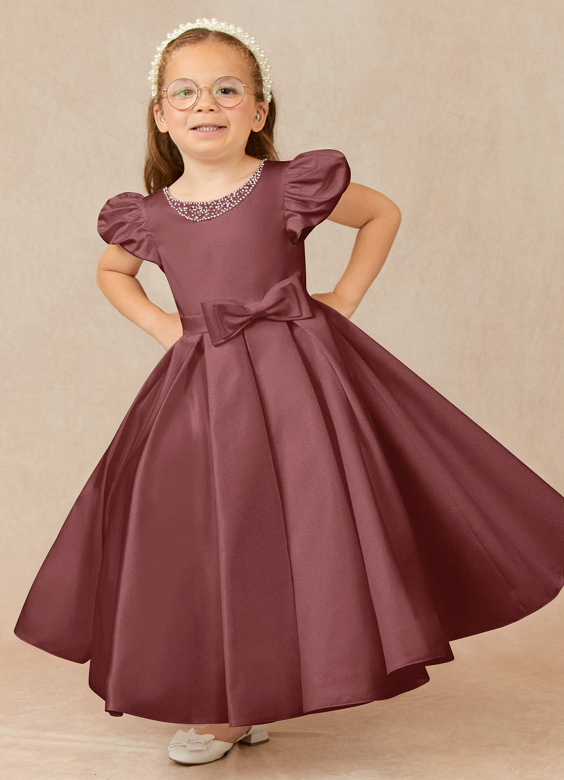Azazie Jewel vestidos de niña de las flores Vestido de Rosa Del Desierto de Satin Mate de Vestido de gala con Plisado image1