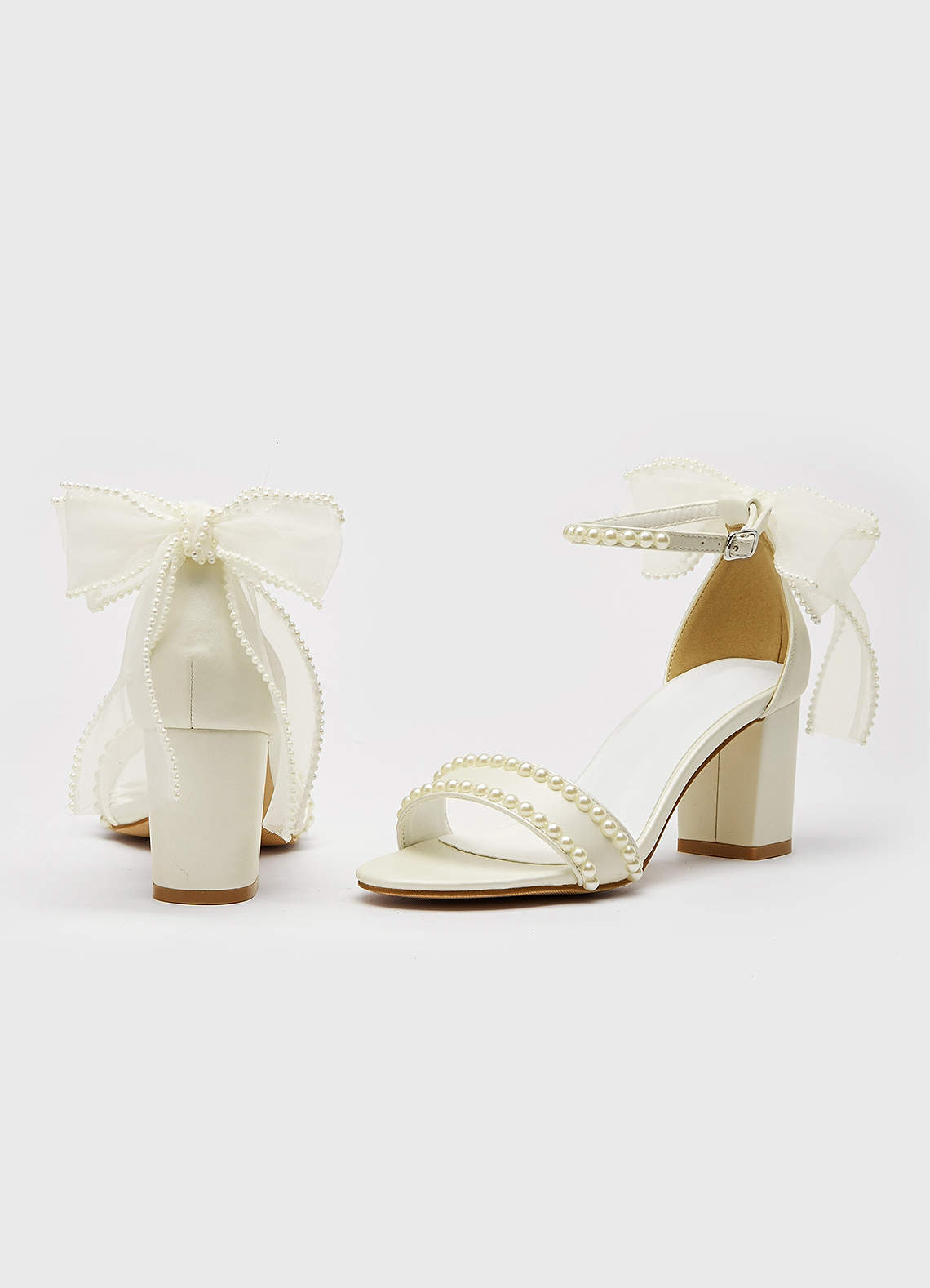 front Mini Pearl and Bow Block Heel Sandals