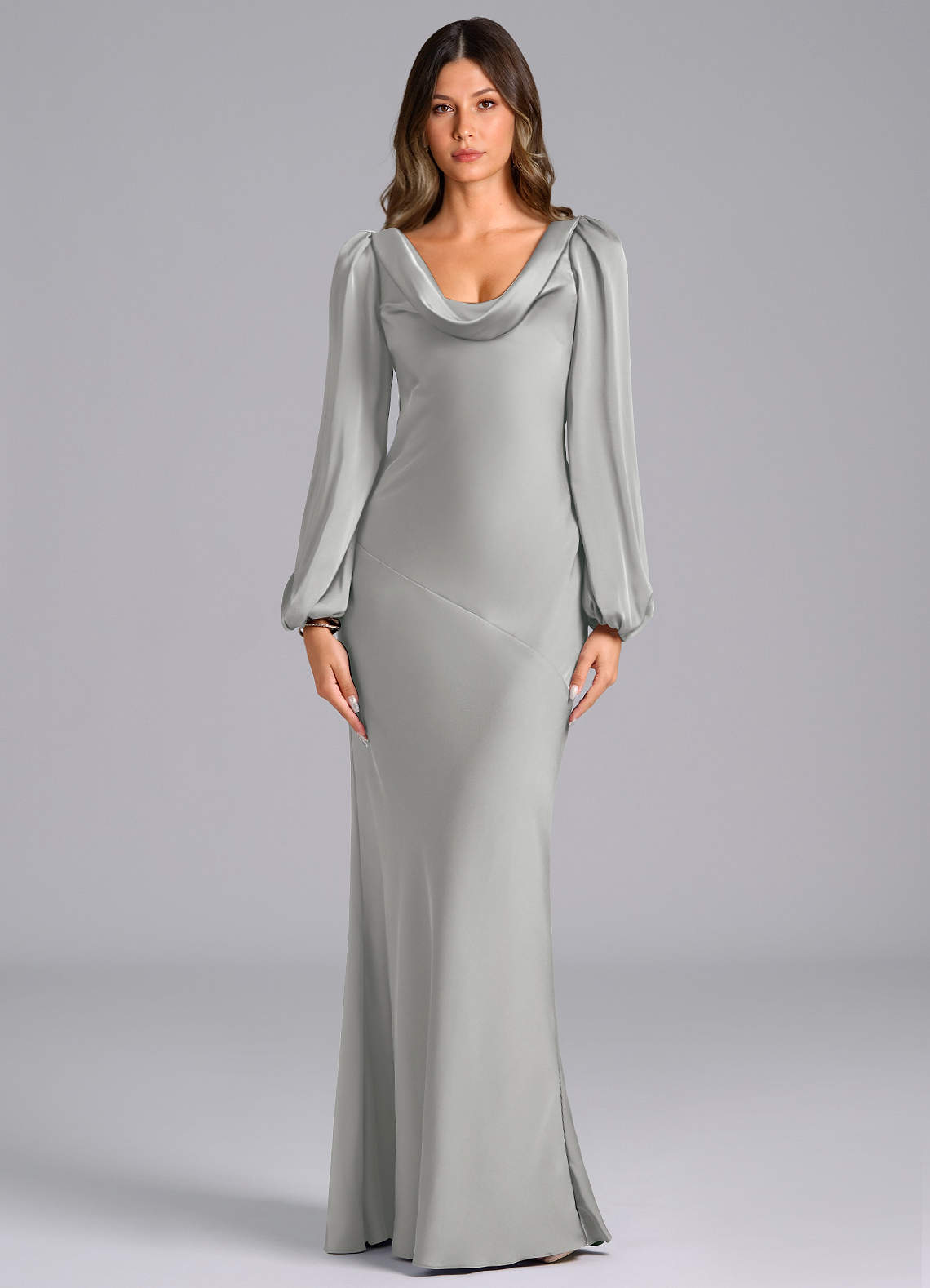 Azazie Melani 신부 들러리 드레스 인어 긴팔 스트레치 새틴 바닥 길이 드레스 image1