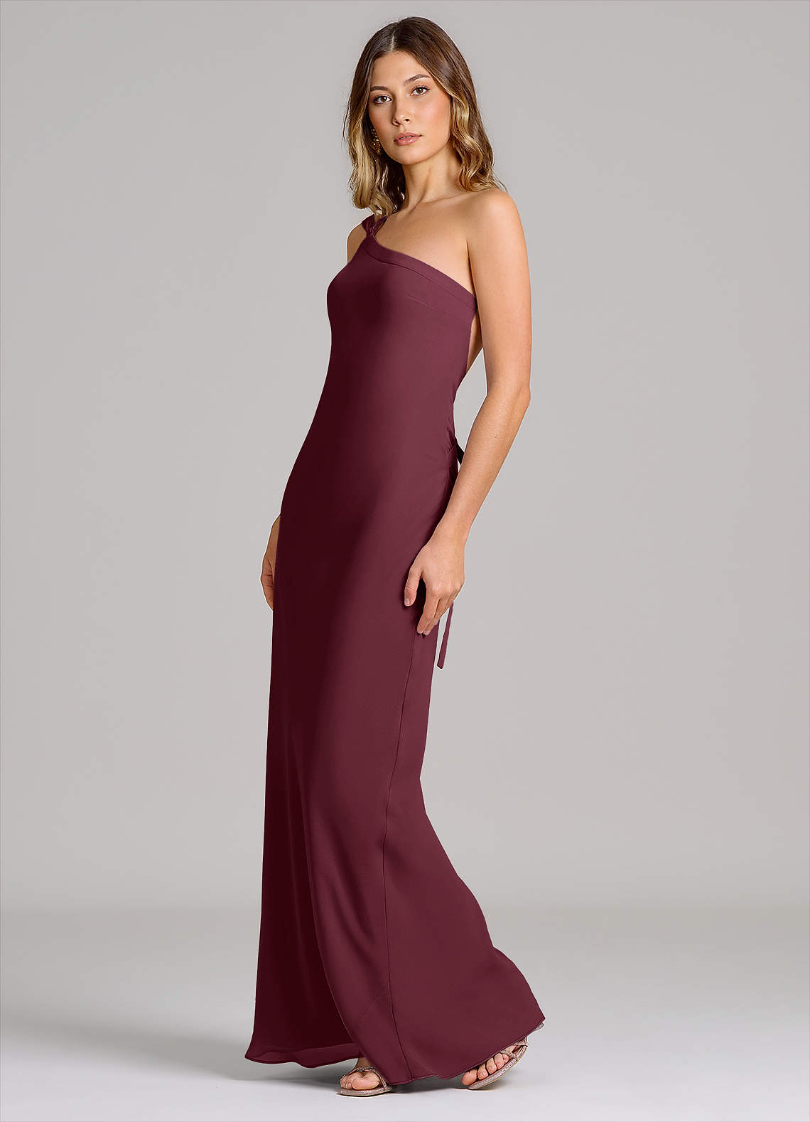 cabernet chiffon bridesmaid dress Azazie Monroe line cut