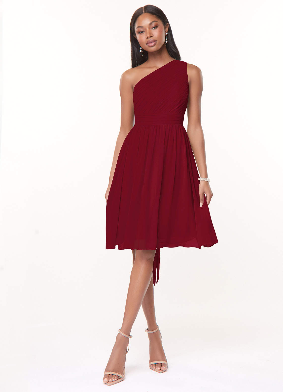 Azazie Katrina At-home Try On Dresses Burgundy A-Line One Shoulder Chiffon Dress image1