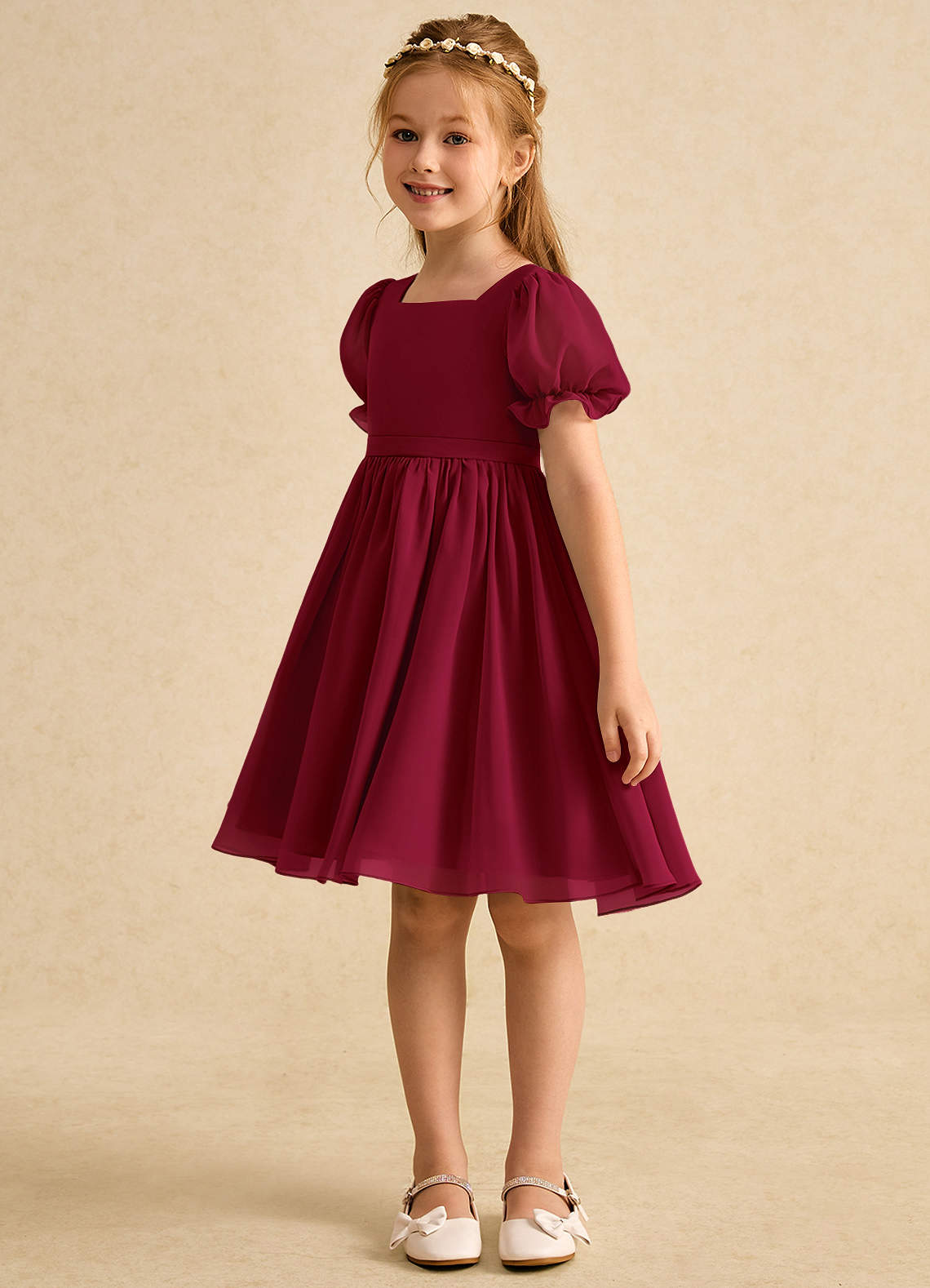 Azazie Jolie Flower Girl Dresses Burgundy A-Line with Sleeves Chiffon Dress image4