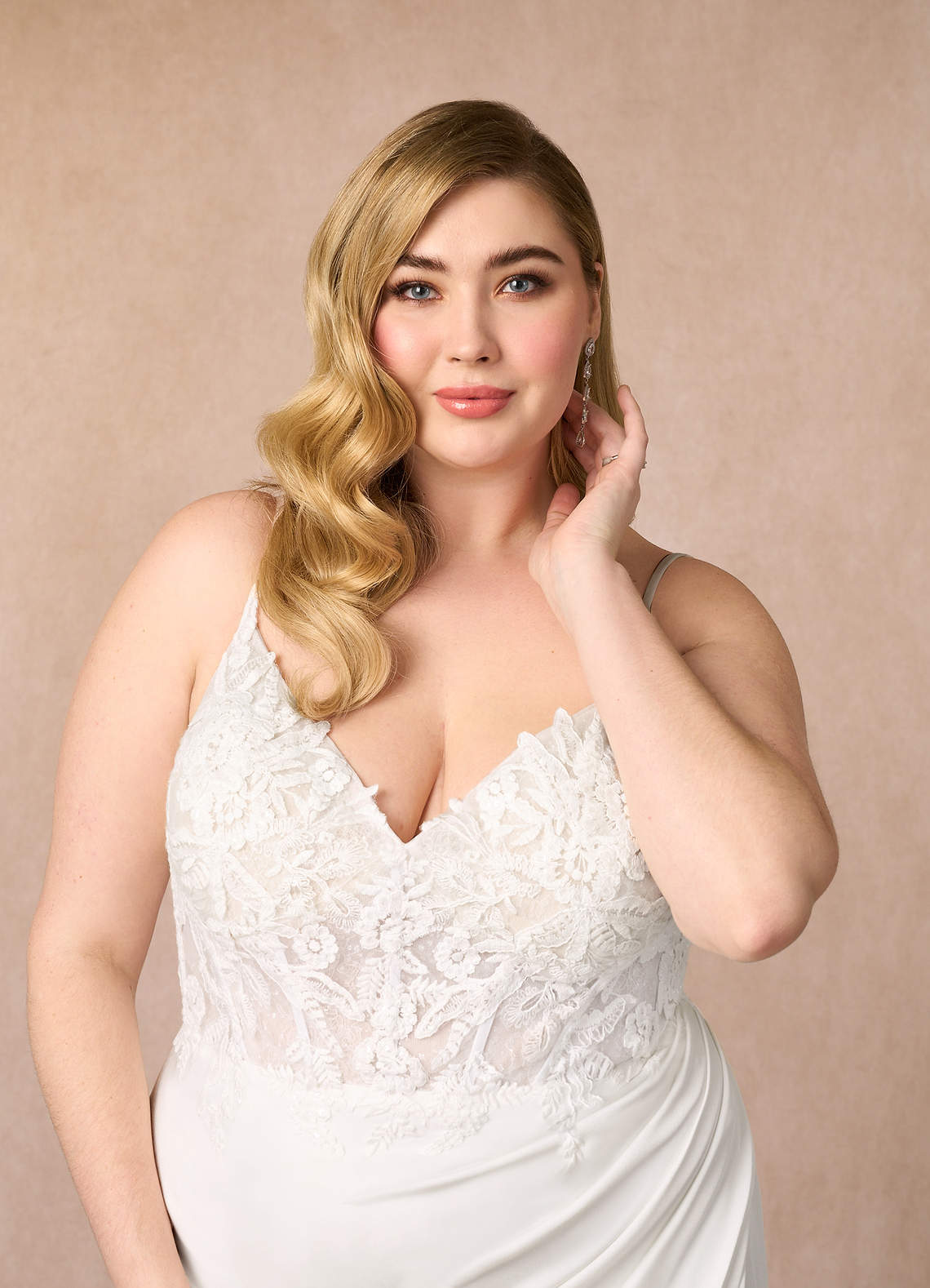 Azazie Rosalina Diamond White Champagne Mermaid V-Neck lace Crepe