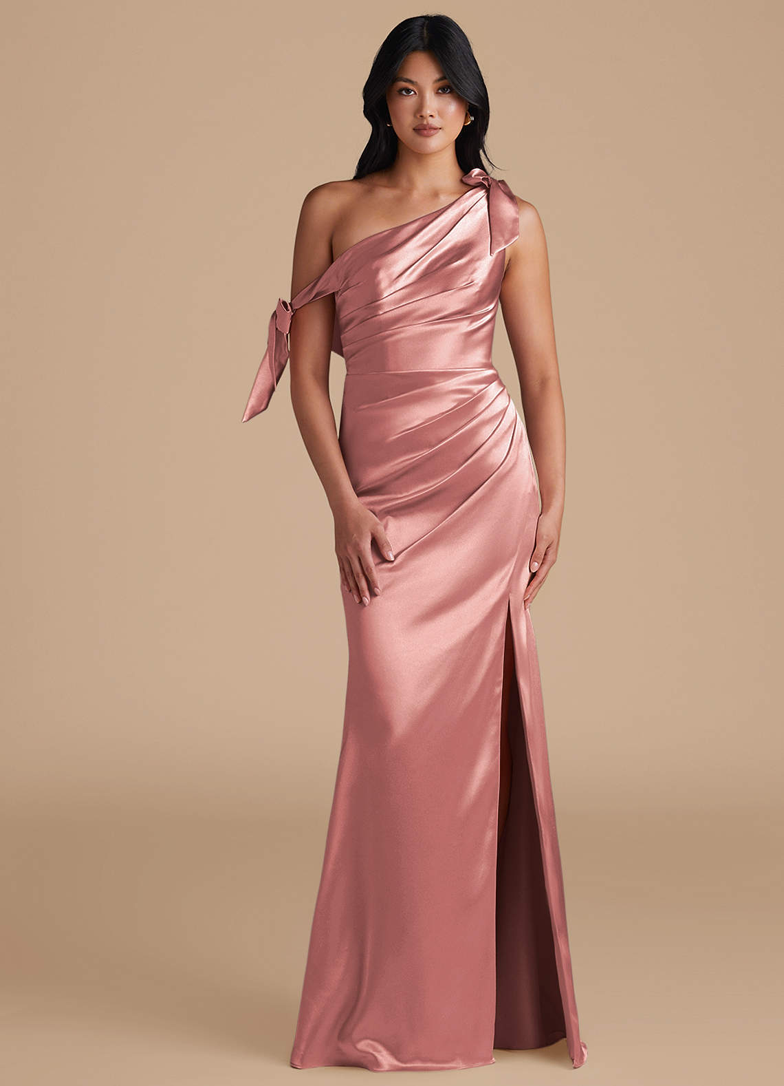 Azazie Xyla Bridesmaid Dresses Dusty Rose Sheath Off the Shoulder Metallic Satin Convertible Dress image1